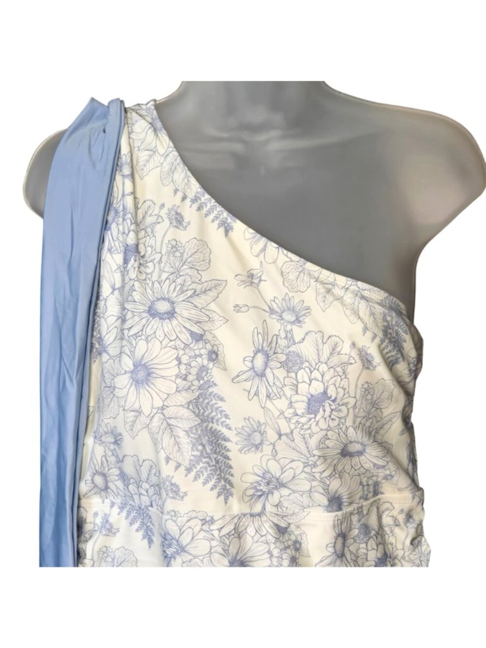 Blue White One Shoulder Floral Swimsuit XL Ruched Tummy Control Lined Grecian - Picture 2 of 11